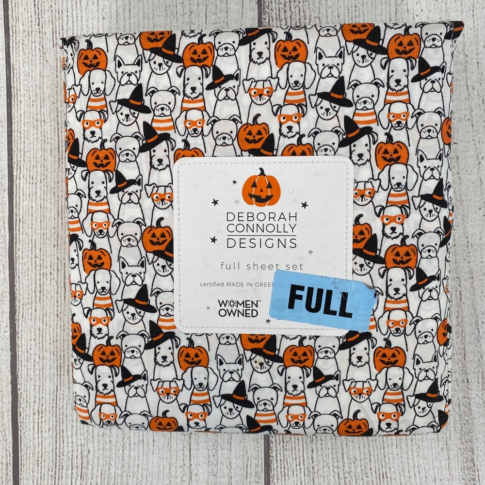 Deborah Connolly Sheet Set FULL Halloween Dog White Orange Pumpkin Witch Fall